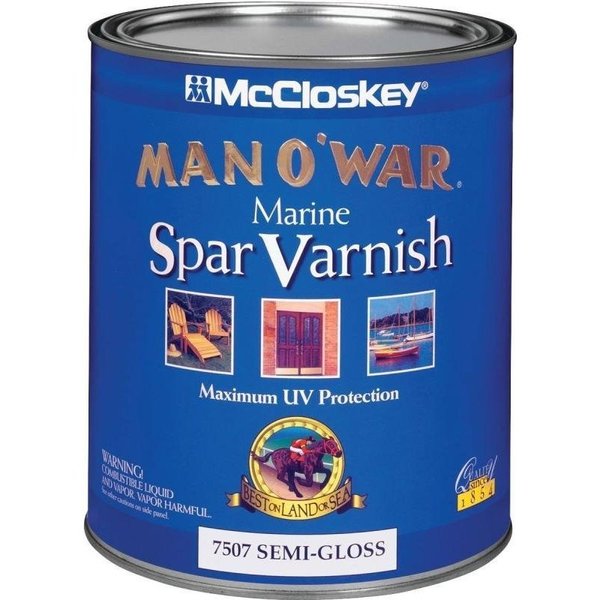 Mccloskey Man O' War 080000005 Marine Spar Varnish, SemiGloss, Clear, Liquid, 1 qt, Can 7507